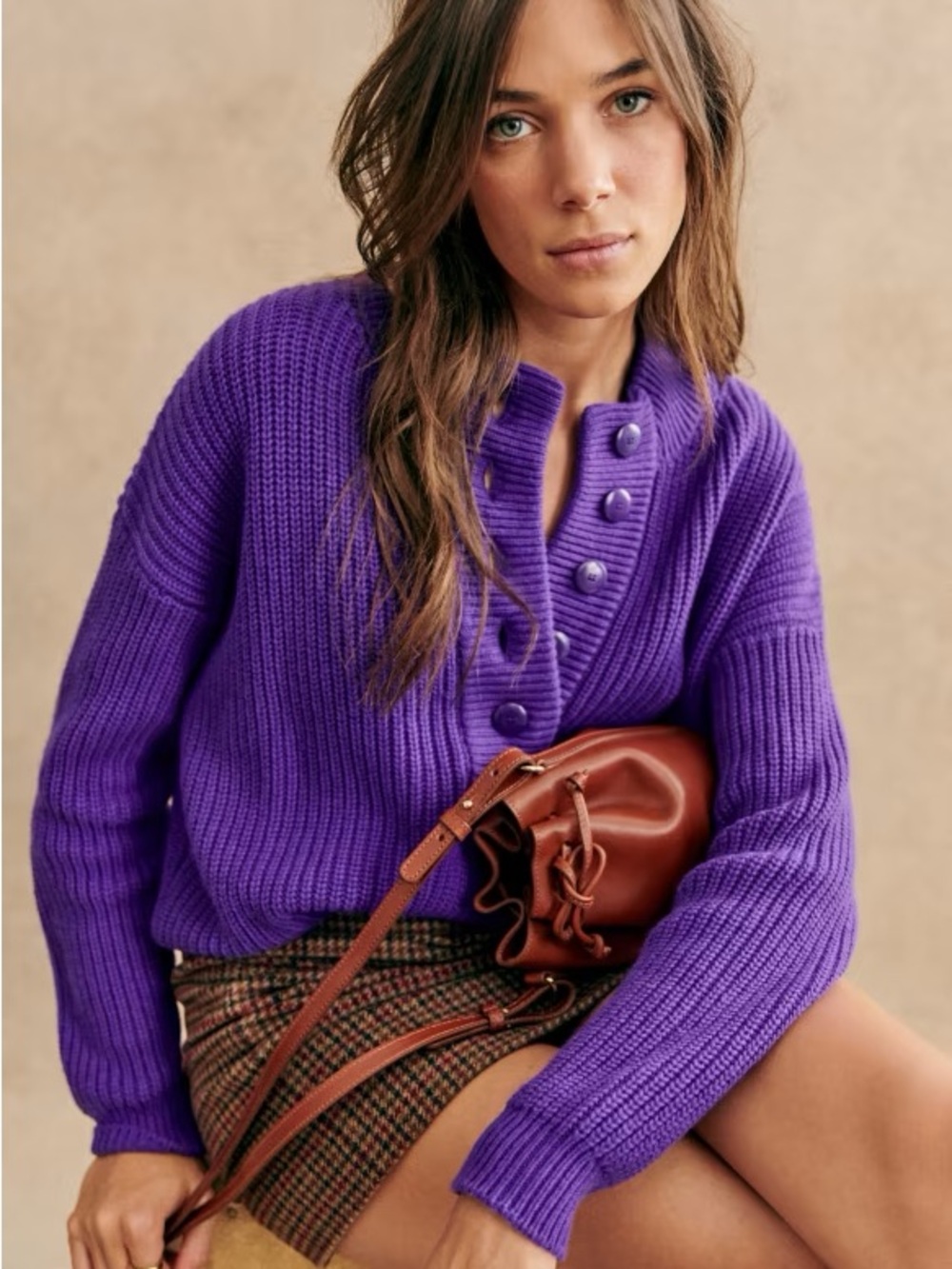 Sezane Purple Button-Front Lucas Ribbed Sweater